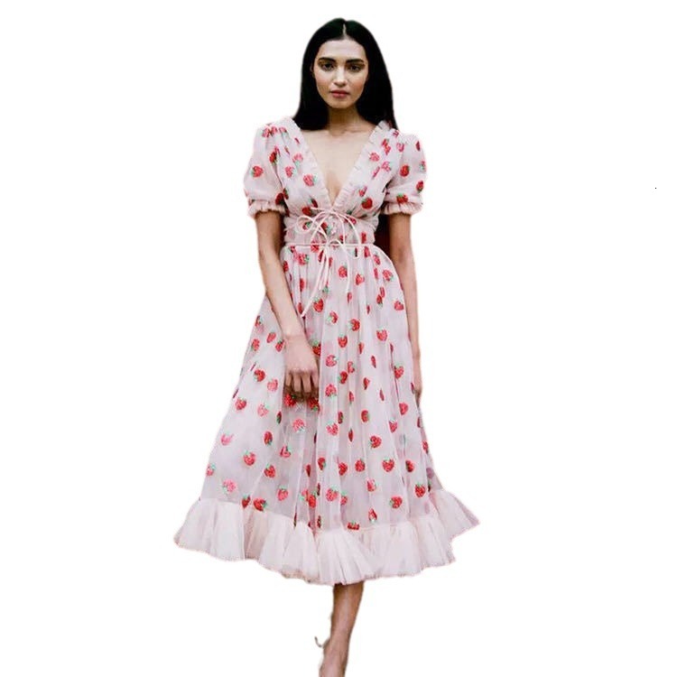 25 Dresses French Strawberry Two Tone V-neck Fashionable Sequin Long Skirt Mesh Strap Pleated Dress