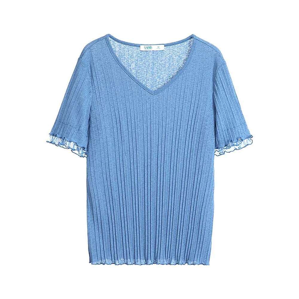 Summer New Women's T-Shirt Sweet Edible Fungus Short Sleeve Solid Slim V-Neck Elegant Knitted Tops