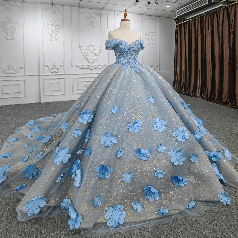 Blue Shiny Princess Quinceanera Dresses Off Shoulder Beads Applique Flower Tull Sweet 16 Dress Ball Gown Vestidos 15 De Anos