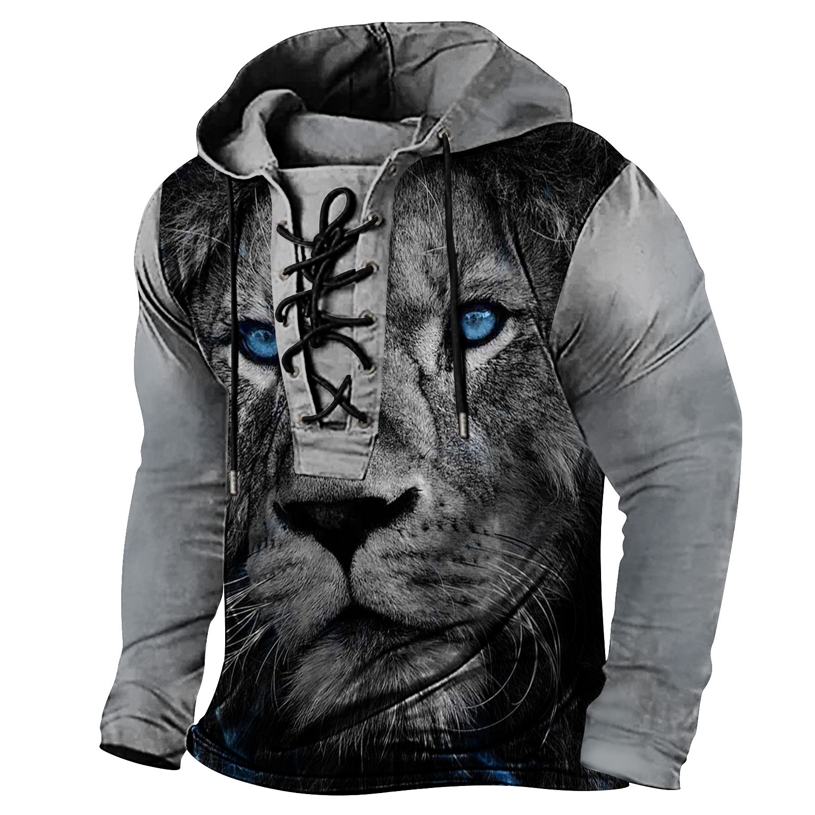 Spring mens printed hooded long sleeved T-shirt with oversized drawstring and headband for men
