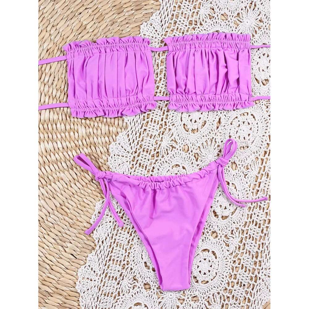Purple Bikini Sexy Ruffle Hollow Out Women 2 Piece Swimsuit Off-shoulder High Waist Thong Bathing Suit Beach Swimwear XMQC1977