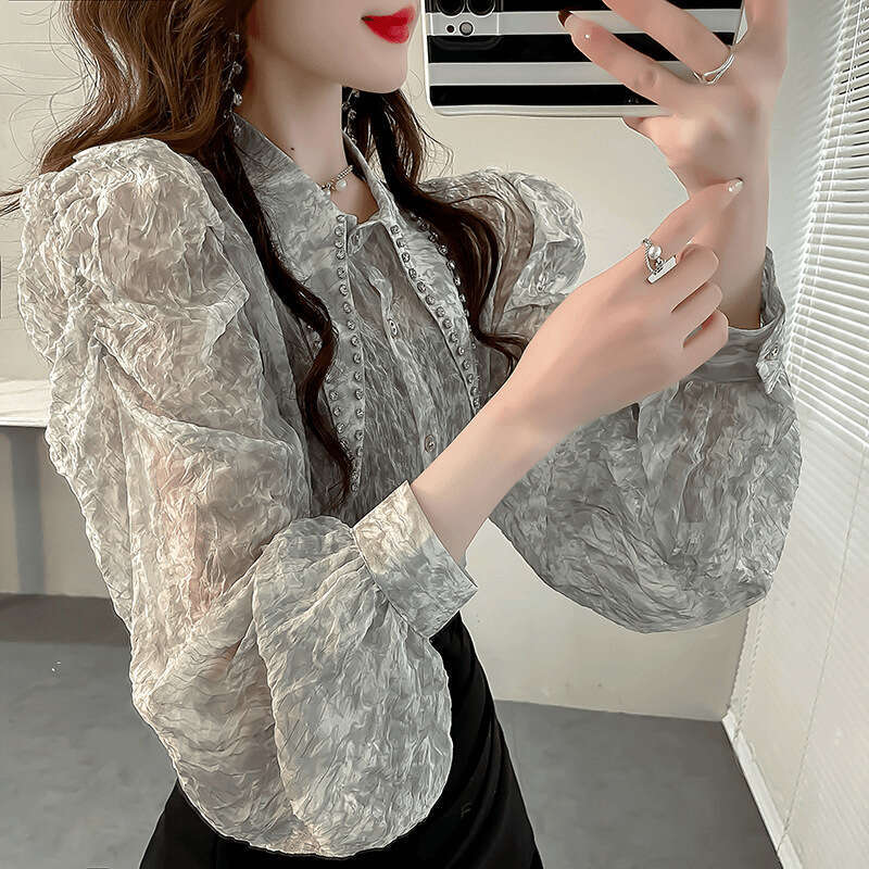 Studded Shiny Silk Chiffon Blouse New Women's Light Luxury Bubble Sleeve Shirt Fairy-like Flowing Top Autumn