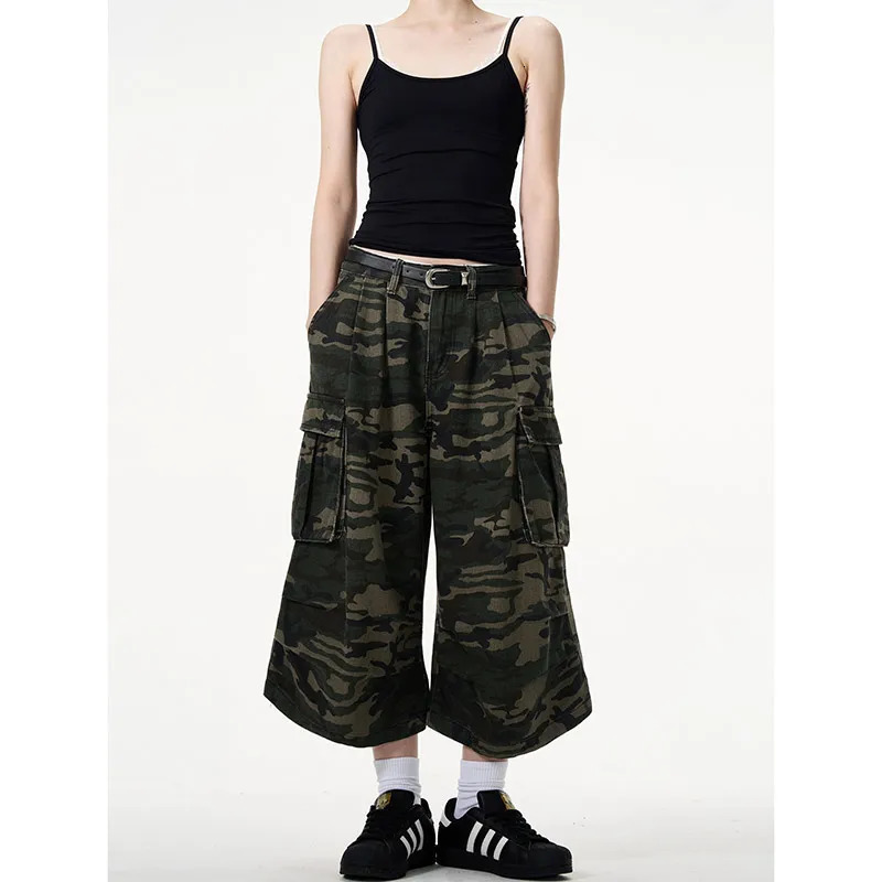 Womens short jeans green camouflage American retro Y2K straight street clothing wide leg pants high waisted womens summer denim shorts 250402
