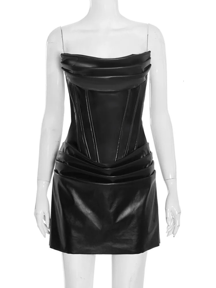 Mozision PU Leather Off-Shoulder Strapless Mini Dress - Sleeveless Ruched Backless Club Party Gown for Women C260312