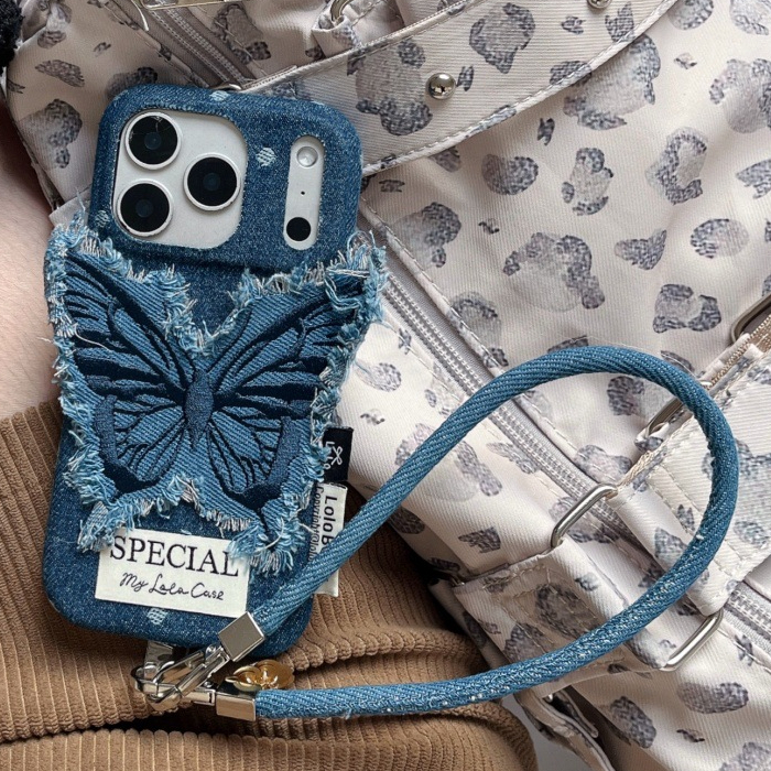 Denim Blue Butterfly Patch Phone Case Compatible with iPhone 17/16 Pro Solid Color Lanyard iPhone 15/14 Niche