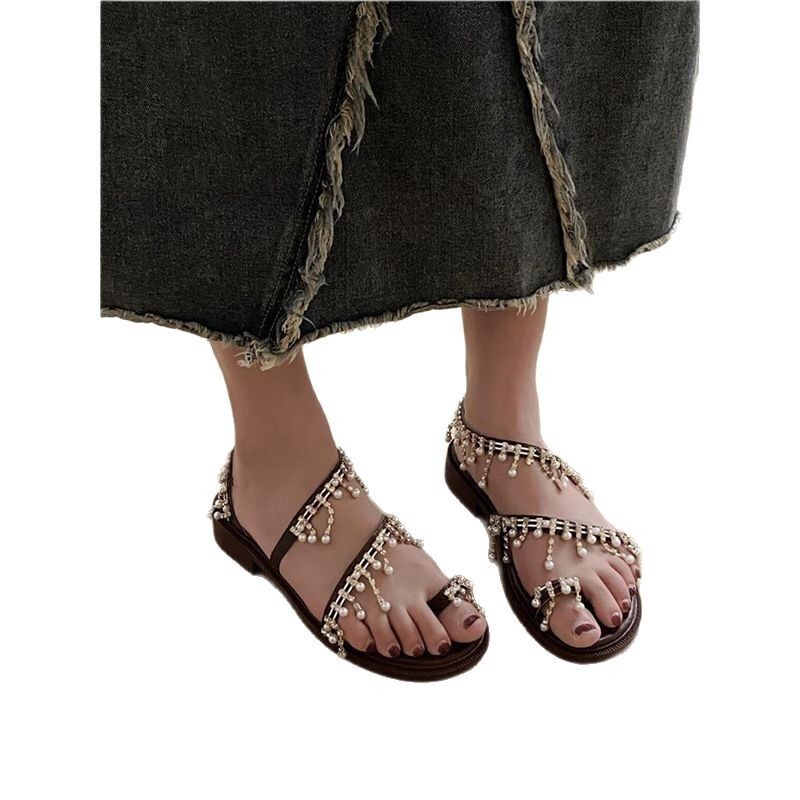 2025S Designer Women's Sandals French Bohemian Style Shoe Set Toe Clip Sandals New Summer Flat Bottomed Beach Shoes With Rhinestones And Pearls