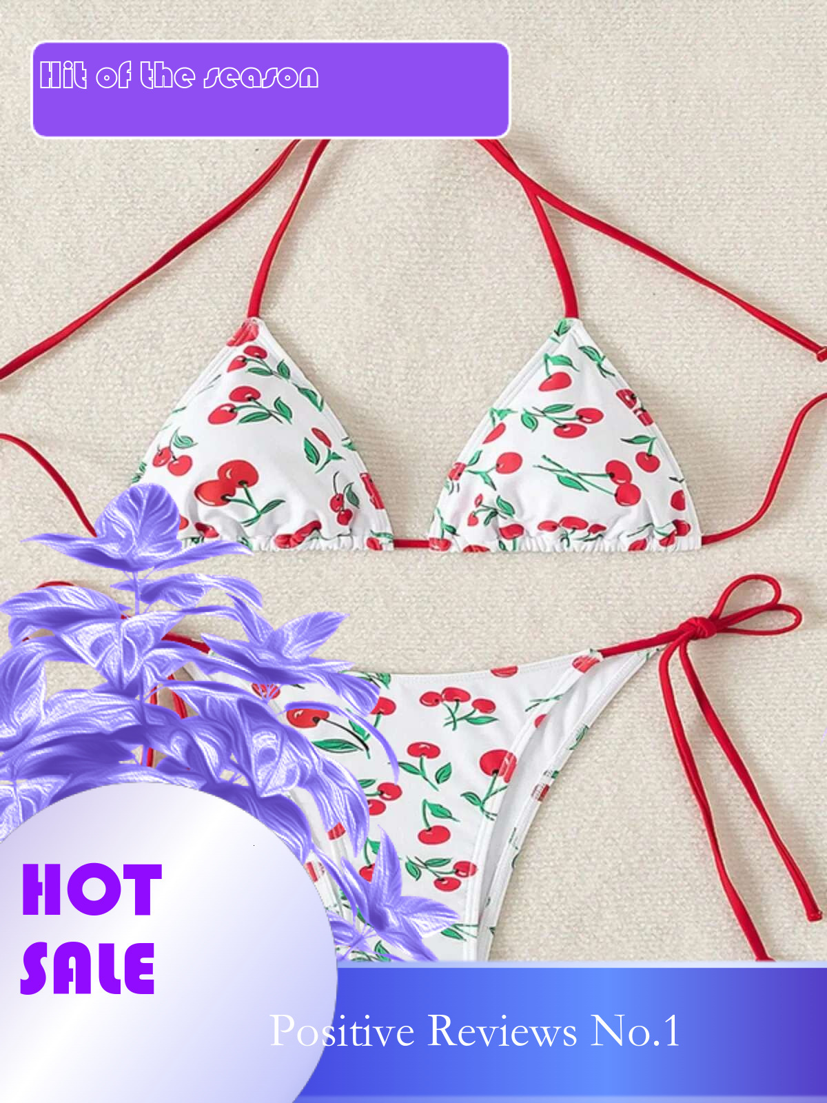 Dongdumaoyi Women S Cherry Print Two Piece Swimsuit Sexy Triangle Bra Mini Bikini Set Suspender Halter Backless Beach Vacation Swimwear
