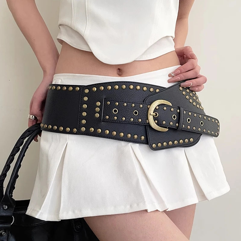 Y2K Rivet Studded Belt Vintage Punk Asymmetric Dress Belts For Women Waist Big Stretch Cummerbunds Female Waist Black Corset 250403