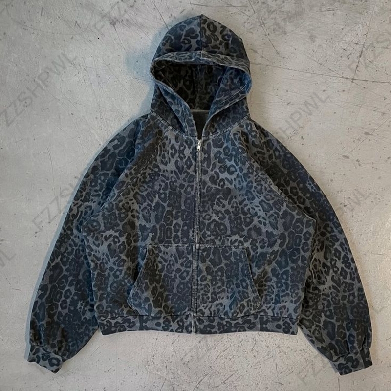 Y2K Rock Punk Womens Leopard Print Hoodie Unisex Chic Loose Zip Cardigan Sweatshirt Gothic Harajuku Retro Aesthetic Streetwear 251016