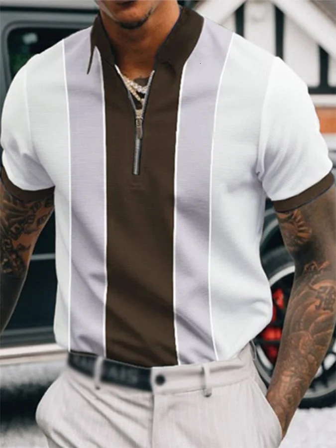 Mens 3D printed striped zipper short sleeved POLO top T-shirt for men