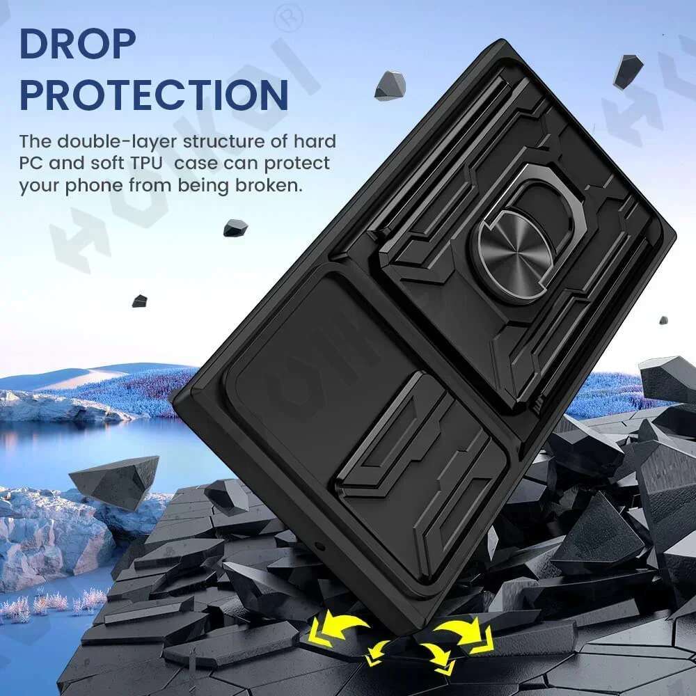 Case For Samsung Galaxy S25 S24 S23 S22 S21 Ultra Plus S20 FE A55 A35 A56 A36 4G 5G Slide Camera Card Holder 360° Ring Cover