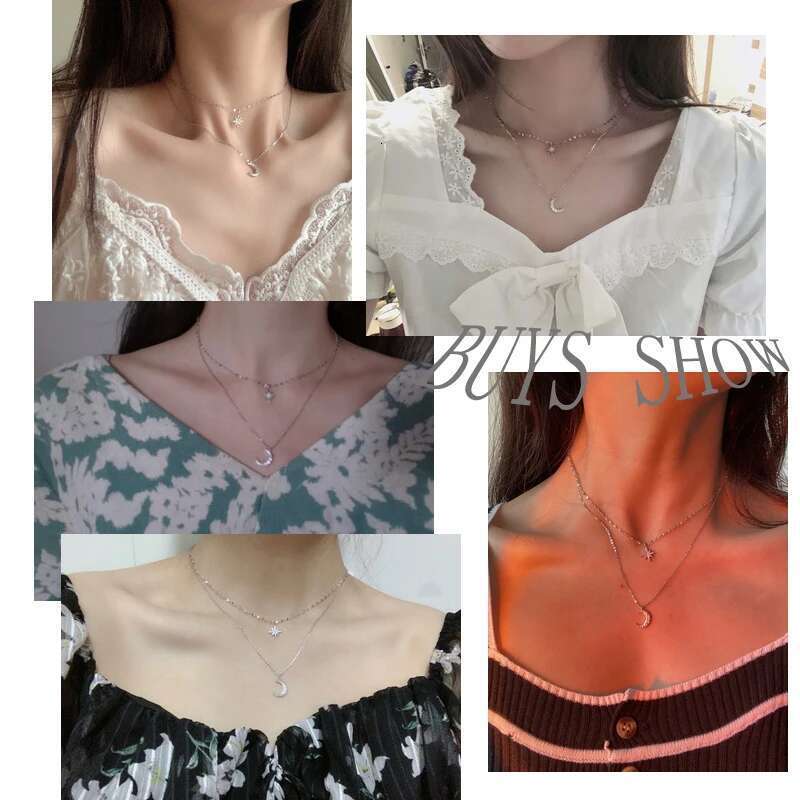 Hot S Sier Double Star Chain Layer Moon Clavicle Necklace Female Fashion Hip-hop Retro Unique Design Wedding Fine Jewelry