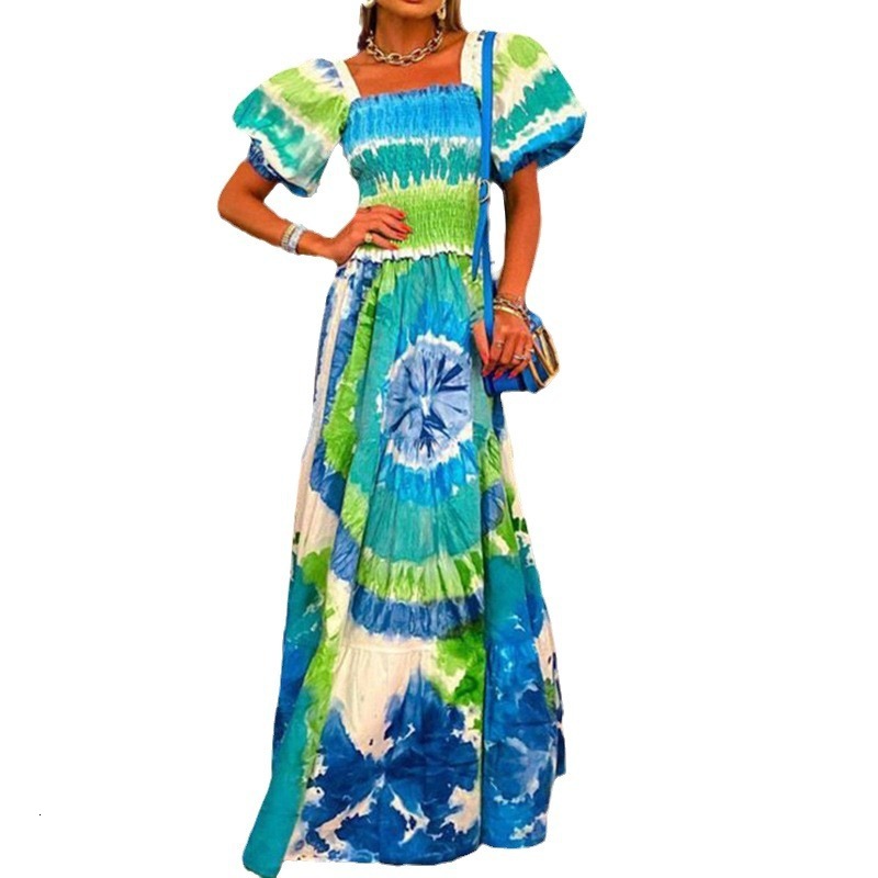 Temperament Womens Summer New Product Bubble Sleeve Digital Printing Loose Thin Sexy Long Dress
