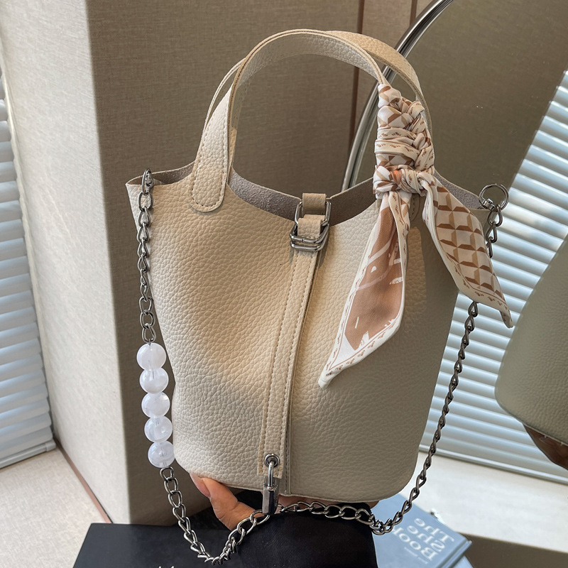 2025S Designer Women S Bag Litchi Patterned Silk Scarf Handbag New Fashionable Bead Crossbody Commuting Versatile Single Shoulder Bucket Bag