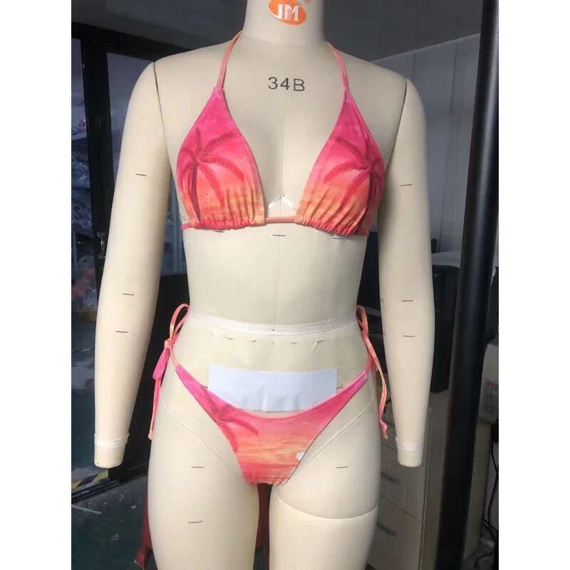 2024 Beach Print Swimsuit for Women,2-piece 3-point Bikini,rose Red,low Waist Thong,drawstring Lace-up,V-neck Suspender,backless