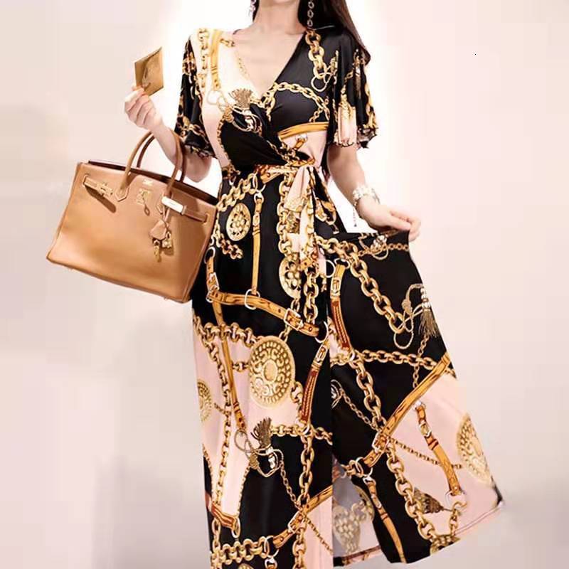 2025 Spring/summer New Womens Printed Dress Style V-neck Gold Chain Strap Waist Long Dress