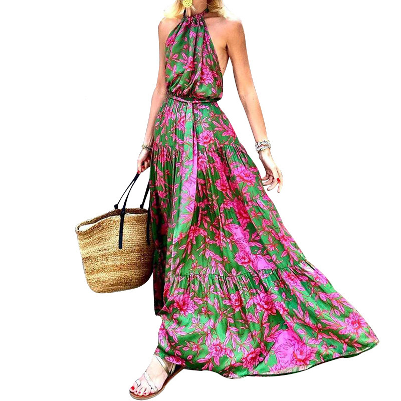 2025 Summer New Womens Hanging Neck Sexy Backless Printed Fashion Dress Sc2965
