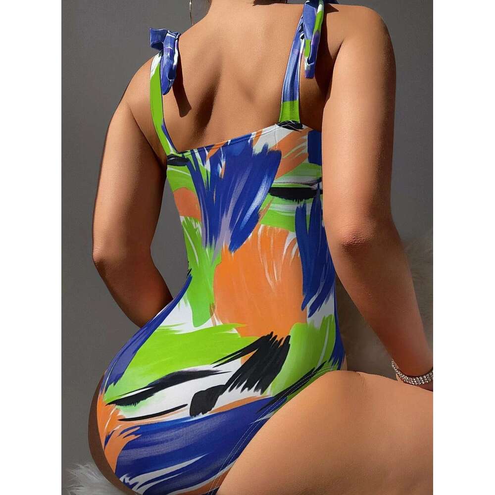 Women Swimwear 2023 Colored Drawing One Piece Swimsuit Sexy Lace Up Bikini Monokini Summer Slim Suspender Bathing Suit JND230002