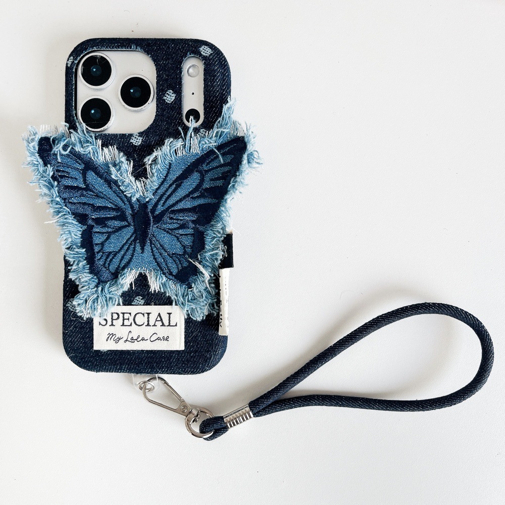 Denim Blue Butterfly Patch Phone Case Compatible with iPhone 17/16 Pro Solid Color Lanyard iPhone 15/14 Niche