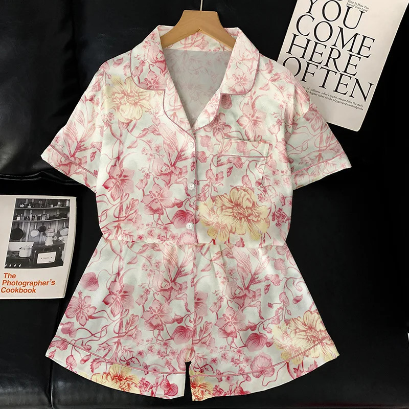 The Summer Ladies Retro Floral Print Ice Silk Pajamas s Short-Sleeved Thin Summer Suit Leisure Home Wear Real Po 250402