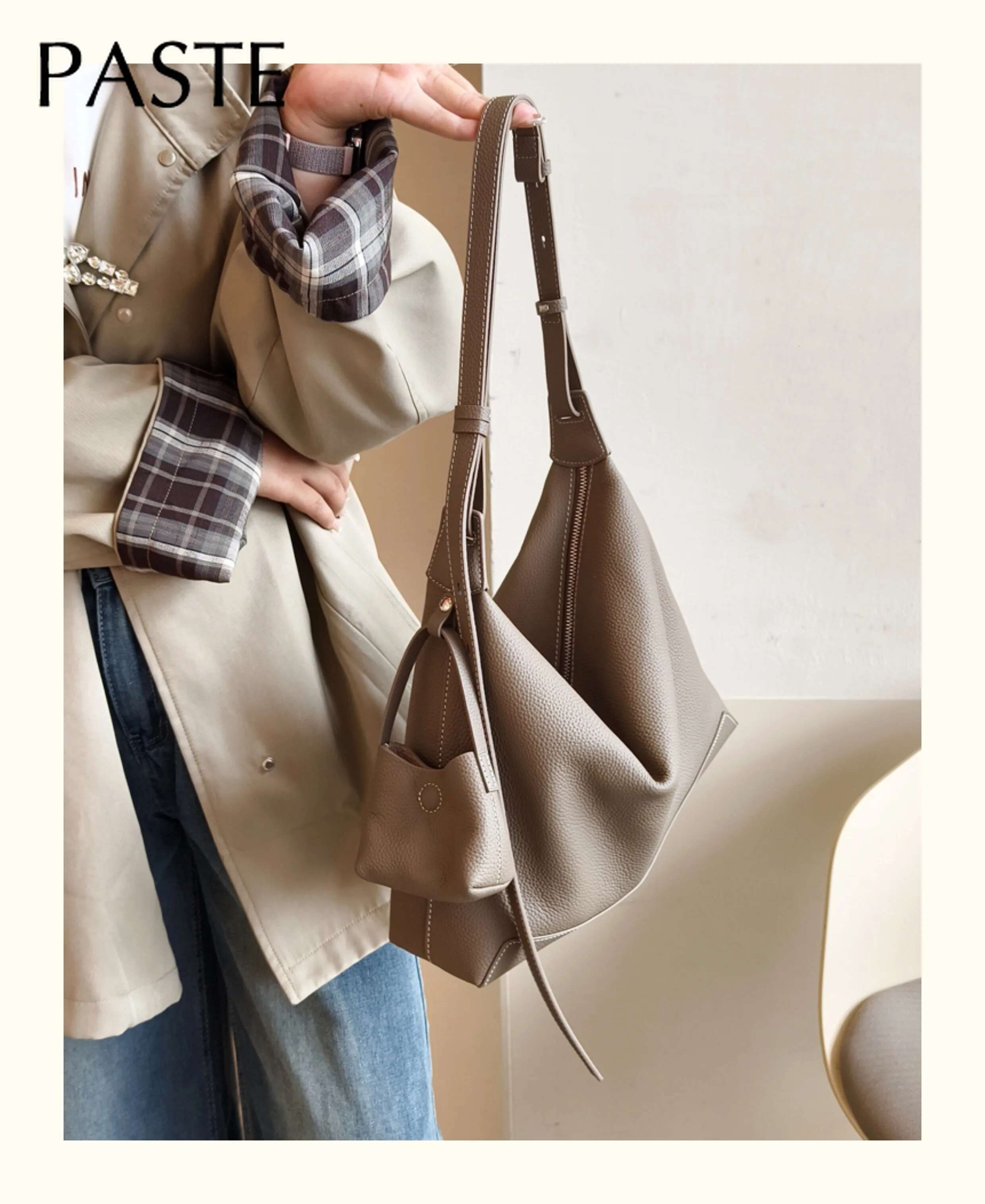Biscuit Grey Color Soft Amorphous Underarm Shoulder Bag For Women 100% First Layer Cow Leather Female Handbag With Wallet