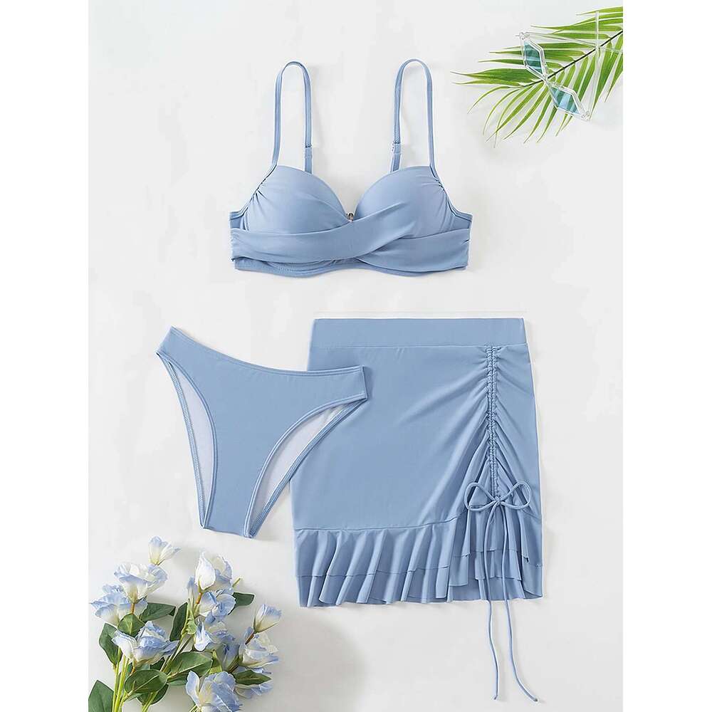 Women's Three Piece Swimsuit Solid Color V-neck Underwire Bikini Set Beach Vacation Suspender Backless Swimwear 2024