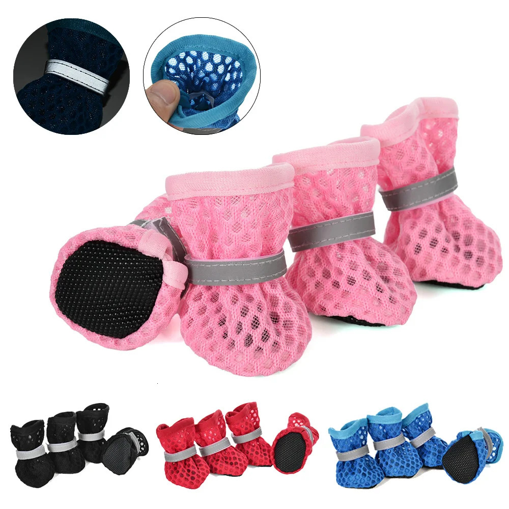 Summer Dog Shoes for Small Medium Dogs Cats Non-Slip Breathable Reflective 4pc/Set Puppy Boots Sneaker Pug Chihuahua Pet Suplies 250402