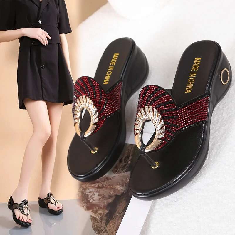 2025 Summer New Women's Open toed Glitter Decorative Ladies' Style Sweet Designer Fashionable Popular Comfortable Thick High Heels Slippers