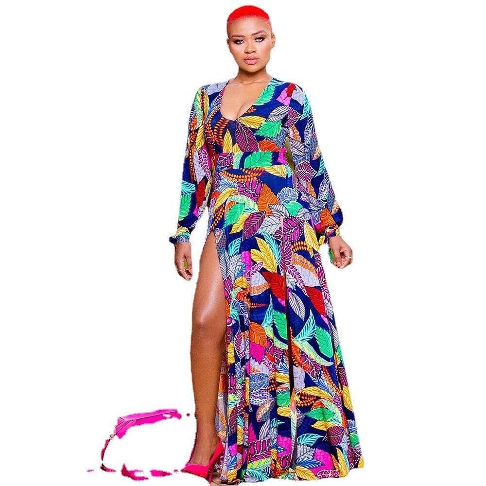 S9308 2025 Summer New Womens Printed Sexy Dress Vacation Style Split Deep v Long Dress