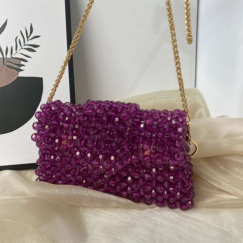 Acrylic Hand Woven Beaded Small Square Messenger Bag Handmade Box Vertical Mini Dinner Evening Crossbody Bags Purse Metal Chain
