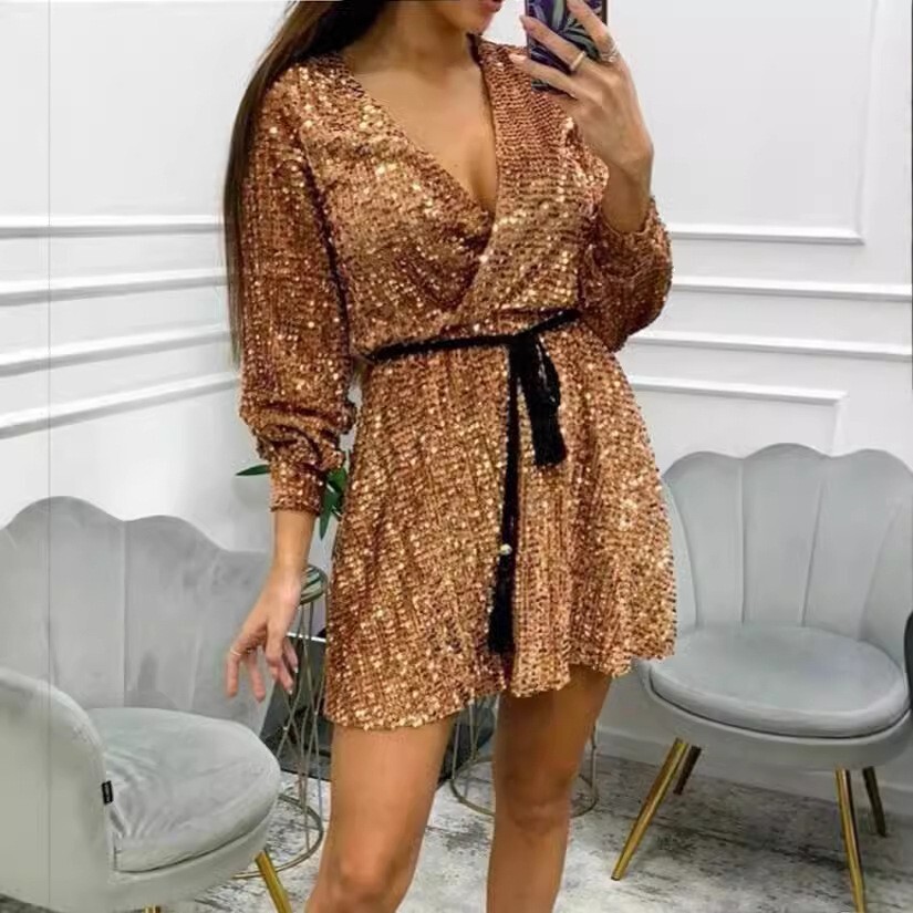 2025 Summer Womens Dress V-neck Fashion Glitter Waist Strap Bareback Short Skirt