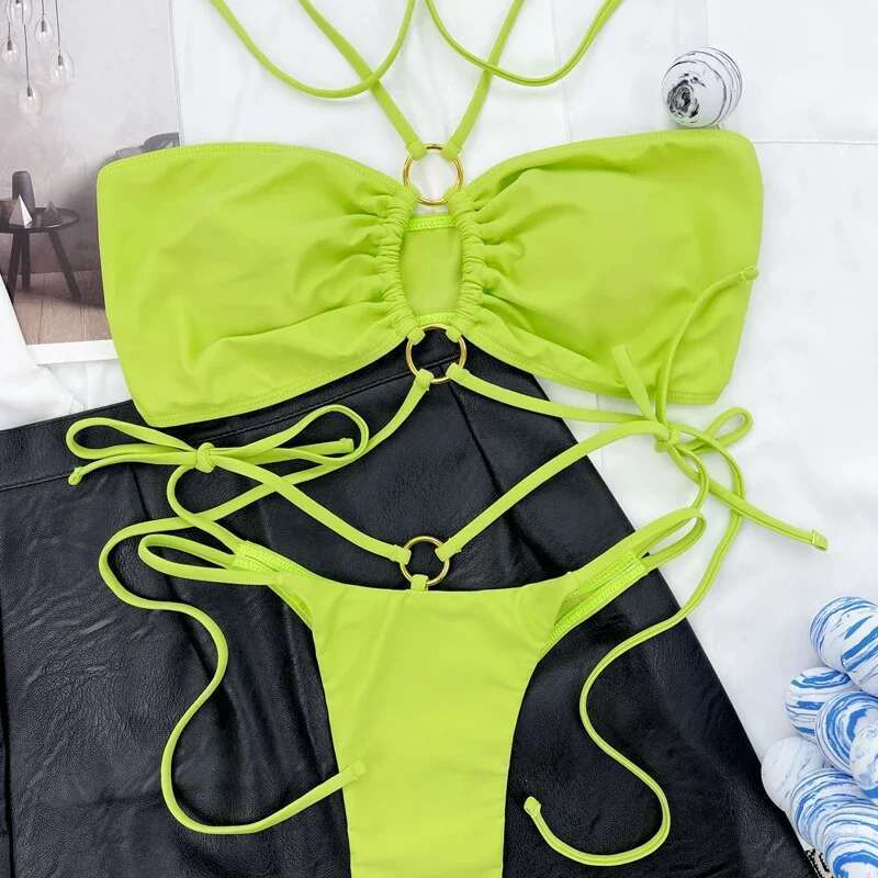 2024 Pleated Fabric Sexy Cross Bandage Halter Swimwear Two Piece Bikini Summer Cut Out Bathing Suit High Waist Beachwear