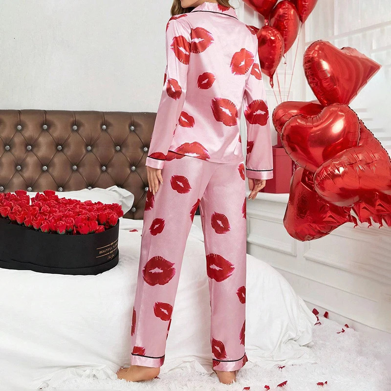 Red Lip Print Satin Pajama Set Autumn Casual Long Sleeve Button Up Lapel Collar Top Pants Sleepwear Loungewear Pyjama Femme 250402