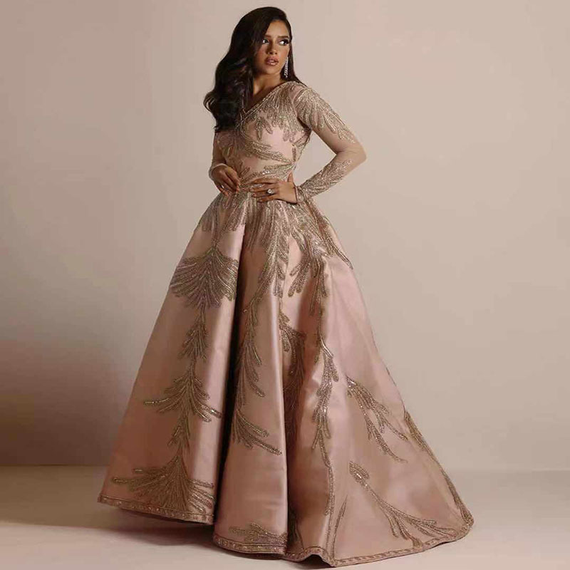2025 New Womens Hot Stamped Large Sleeve Long Dress Banquet Sexy Evening Dress Pink