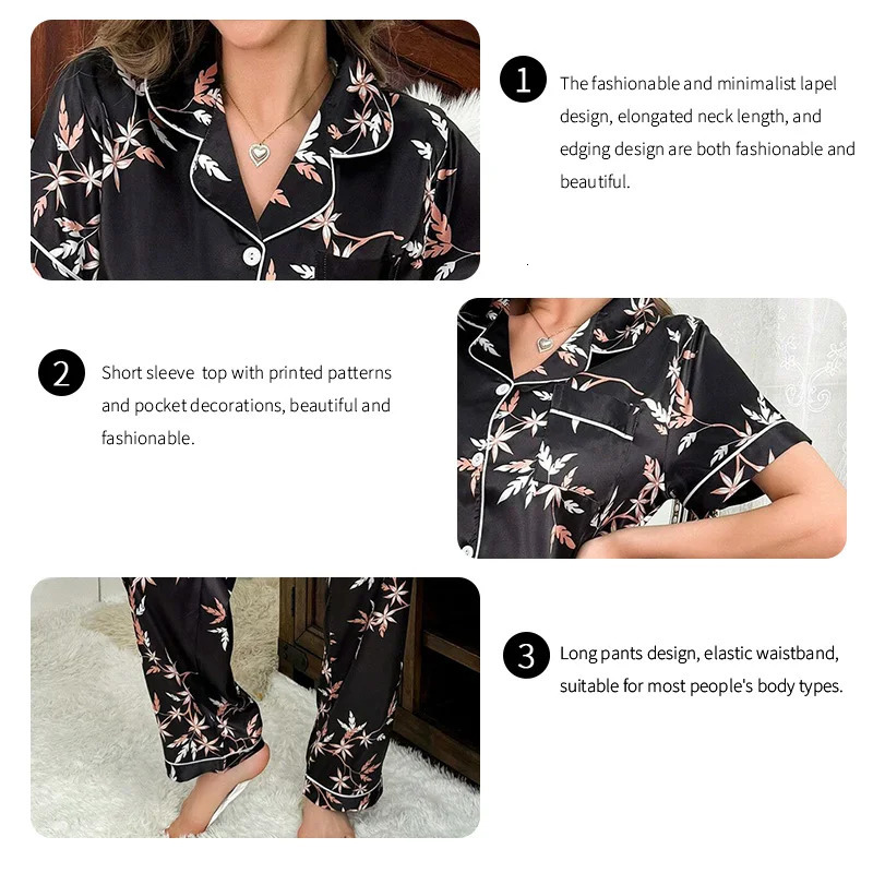 Satin womens sleepwear printed sleepwear autumn home clothing soft and comfortable short sleeved tops and pants womens sleepwear 250402