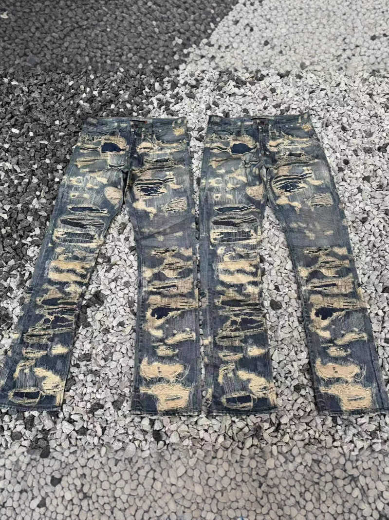 2025 New Printed stone-washed distressed straight-leg wide-leg loose boot-cut jeans C251106