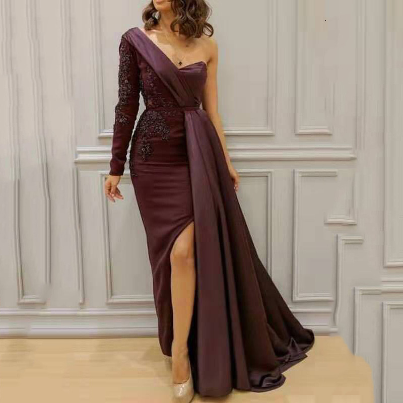 2025 New Summer Dress for Dinner Party One Shoulder Style Slit to Show Off Slimming Plus Size Slim Fit Evening Dress