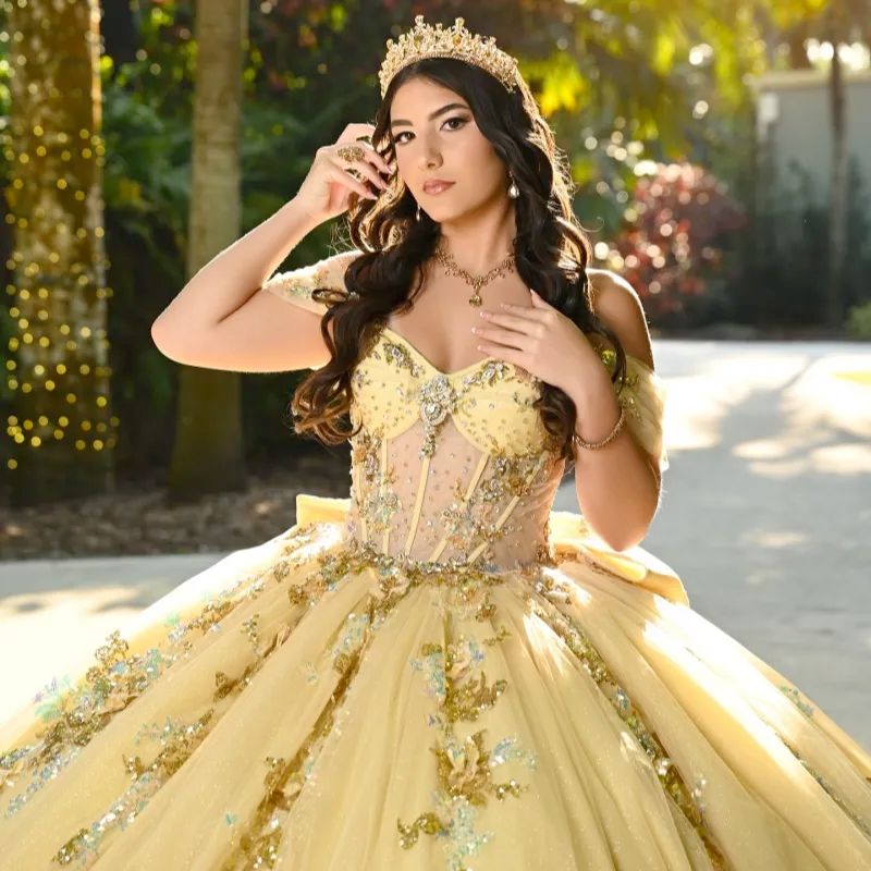 Yellow Shiny Princess Sweet 16 Dress Quinceanera Dresses Sequin Applique Lace Beading Corset Tull Party Birthday Vestidos 15 Anos N06 B0312