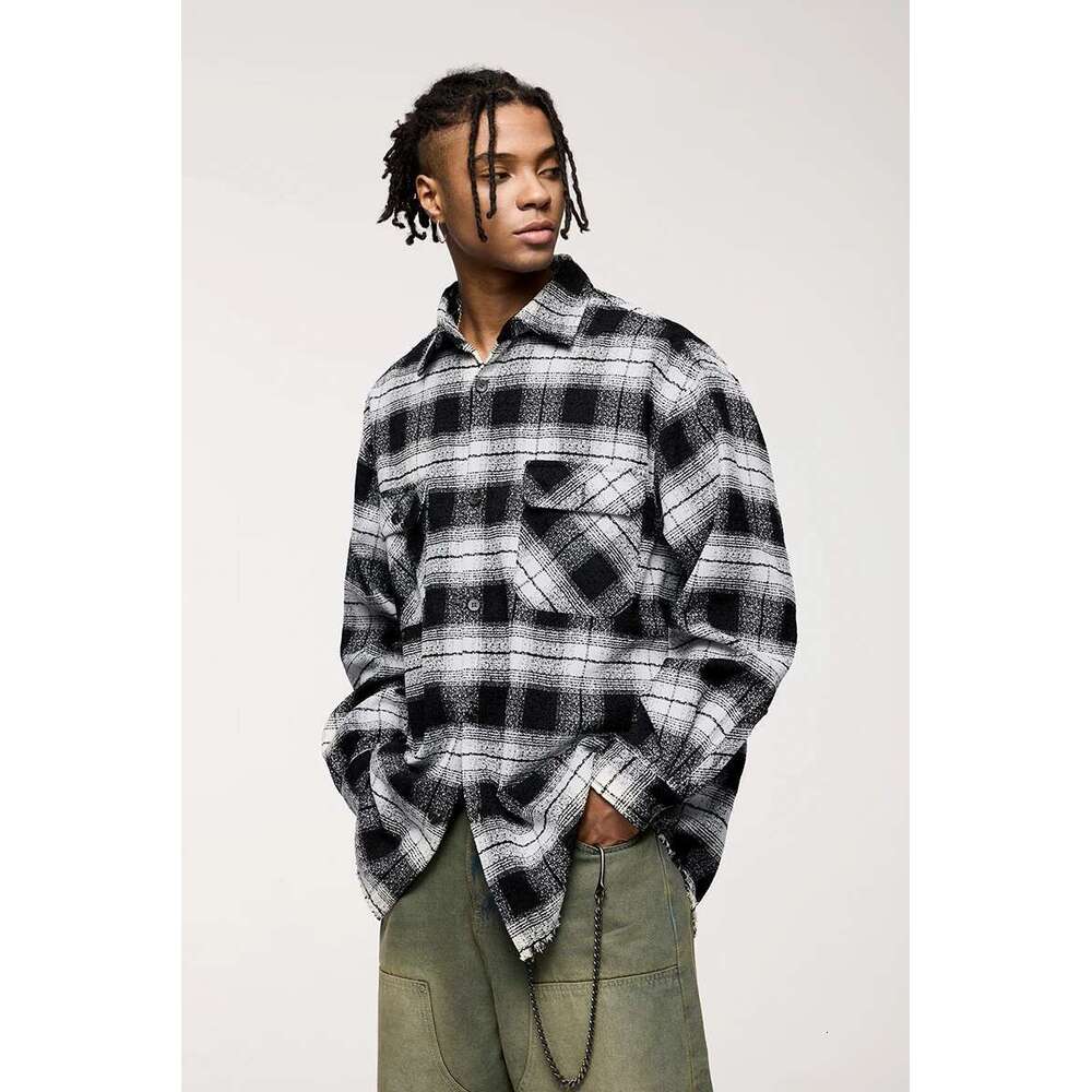 Classic Plaid Jacket Men Basic Front Pocket Stand Collar Woolen Long Sleeve Shirt