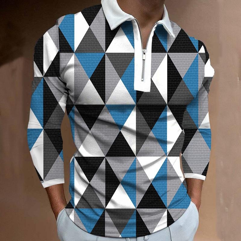 Autumn new mens solid color striped printed zipper polo mens polo shirt long sleeved T-shirt men