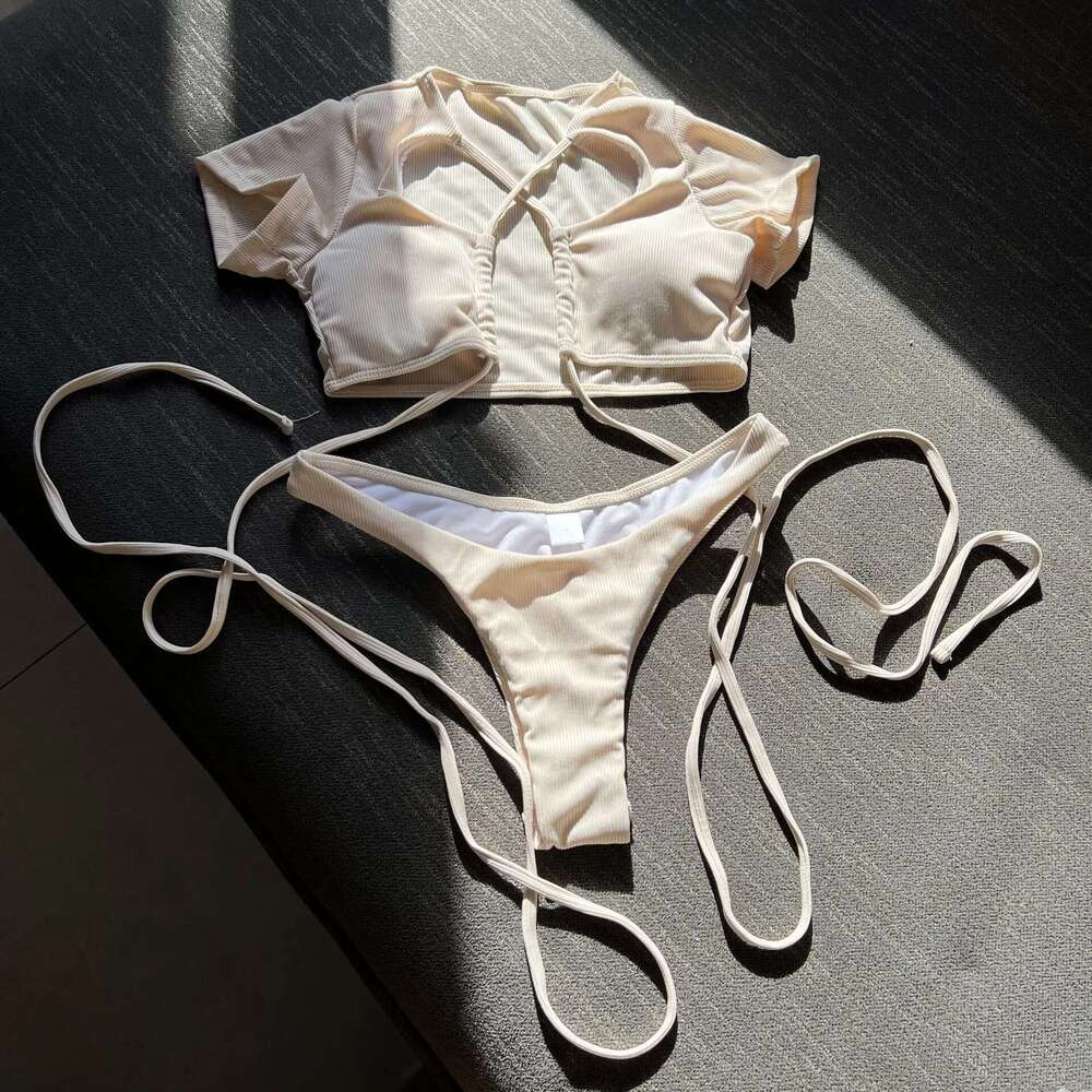 Milky White Swimsuit Women 2023 Sexy Two Piece Bikini Bandage Cross Hollow Out Lace Up Bathing Suit Beach Swimwear SYF9099