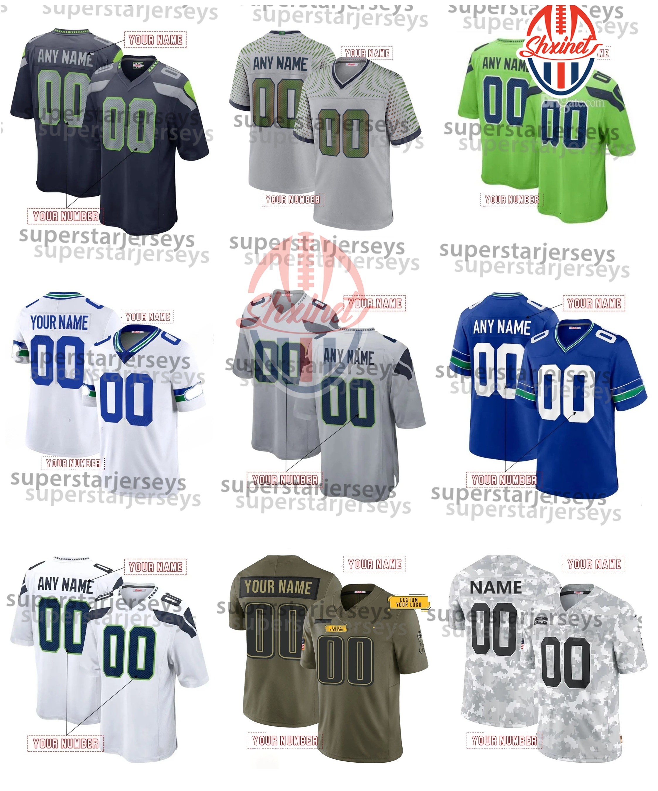11 Jaxon Smith-Njigba 2025 Salute To Service Custom Blue/White Football Jeresy Cooper Kupp Fan Darnold Witherspoon Milroe DK Metcalf Walker III Smith 