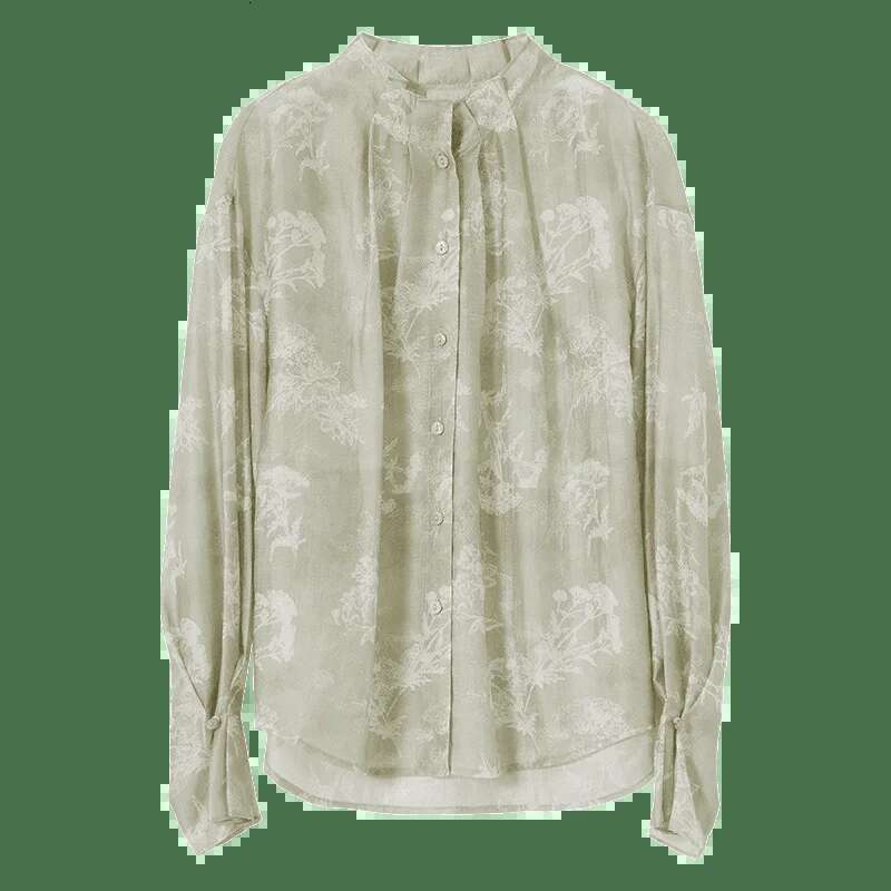SENTUBILA Lyocell Printing Shirts Womens Spring 2025 Straight Chiffon Stand Neck Flare Sleeve Ruffles Cozy Blouses 151C58061