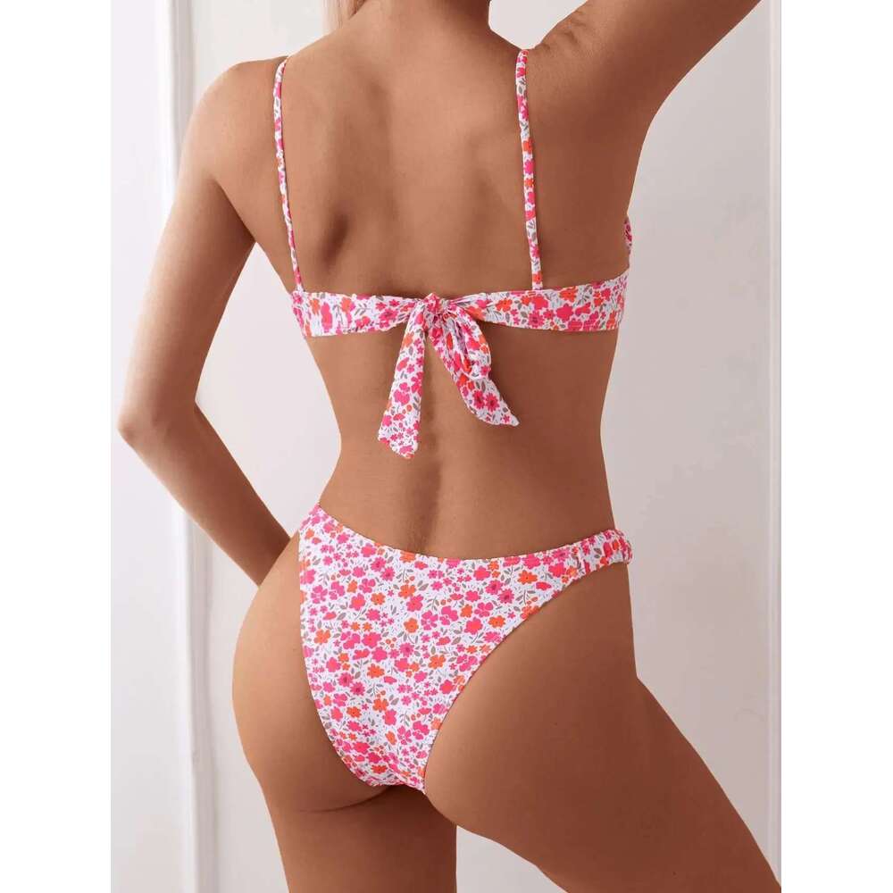 Pink ral Print micro Bikini Women Swimwear 2025 Brazilian Beach Push Up Pleate Tie Underwire Bathing Suit Two Piece Swimsuit