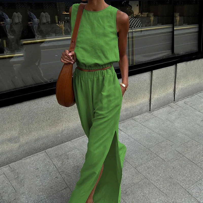 Casual sleeveless cotton linen set fashionable O-neck zipper and split pants set womens elegant elastic waist solid loose 2PC set 250401