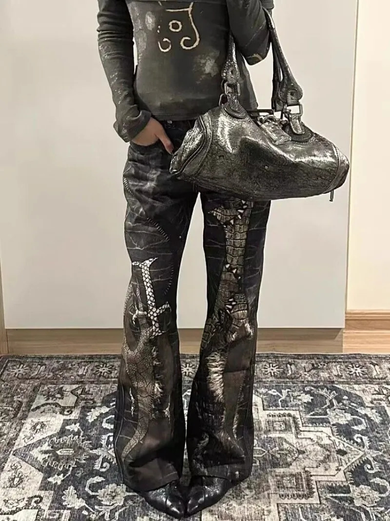 American Retro Python Print Straight Jeans Women Y2K Fashion Street Girls Loose Harajuku Casual High Waisted Wide Leg Z260313