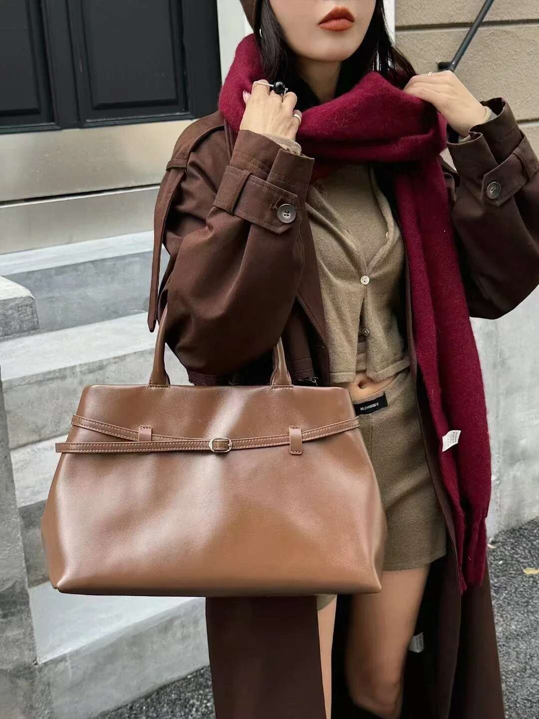 New Outsizes 38Cm Large Tote Glossy Oil Wax Cowhide Leather Women Top-Handle Handbag Wine Red Color Female Shoulder Bag