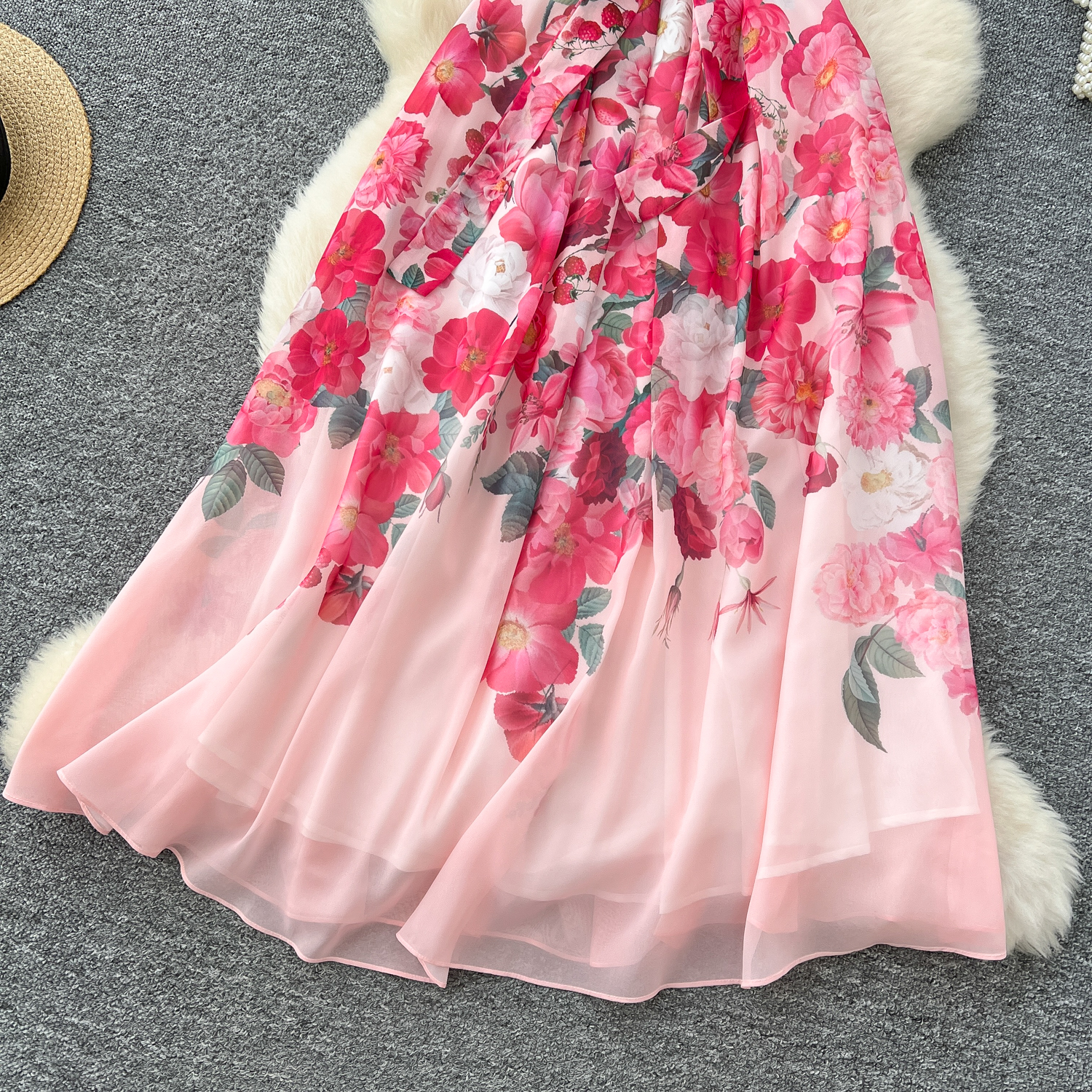 Basic Casual Dresses Summer Ruffles Chiffon Holiday Chiffon Dress Women's Stand Batwing Sleeve Gorgeous Floral Print Lace Up Belt Long Party Vest