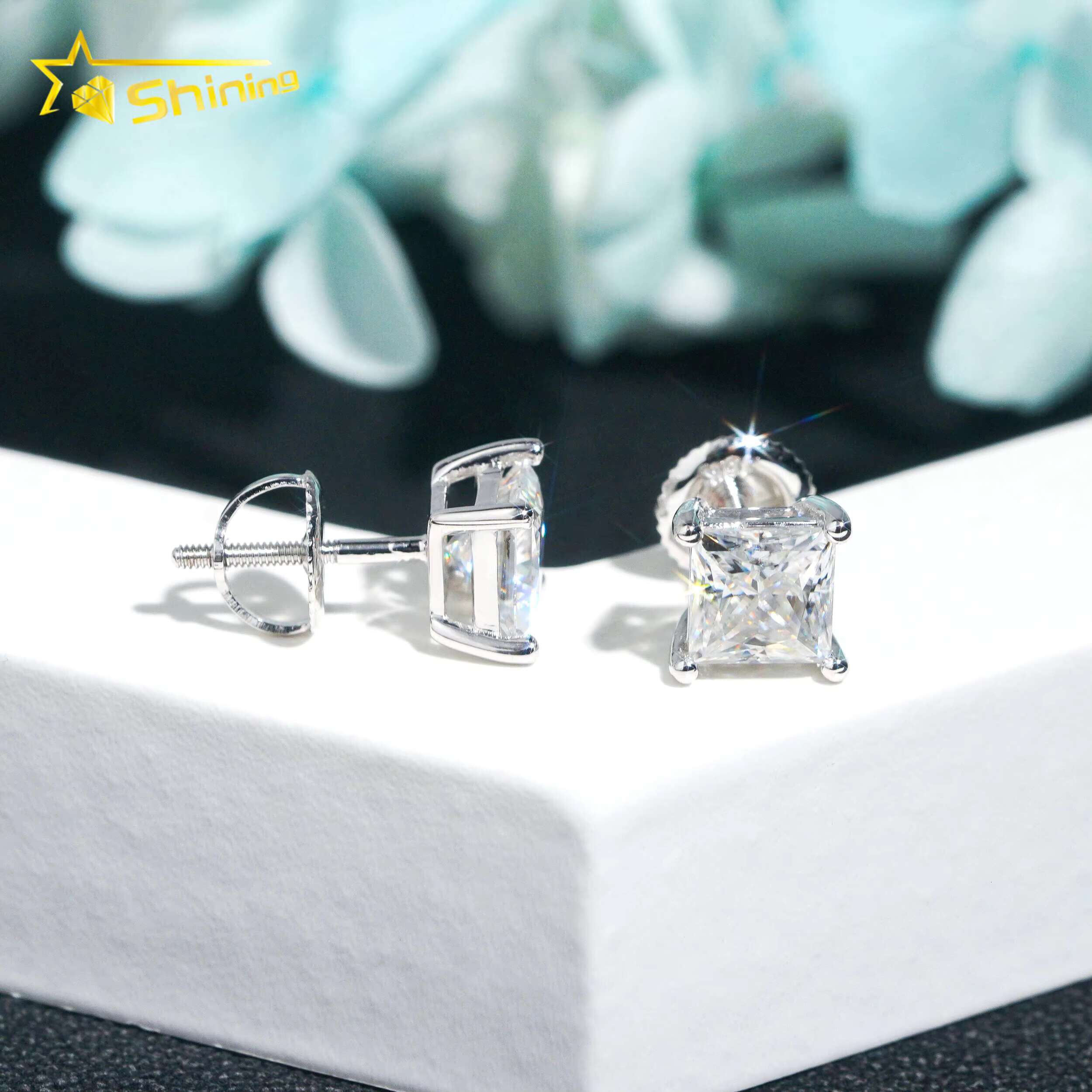Dropshipping Real Jewelry 10k Solid Gold Princess Cut Moissanite Screw Back Stud Earring