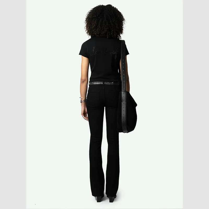 Spring And Summer New French Niche ZV Back Letter Plush Print U-Shaped Collar Black Women's Short Sleeved T-Shirt